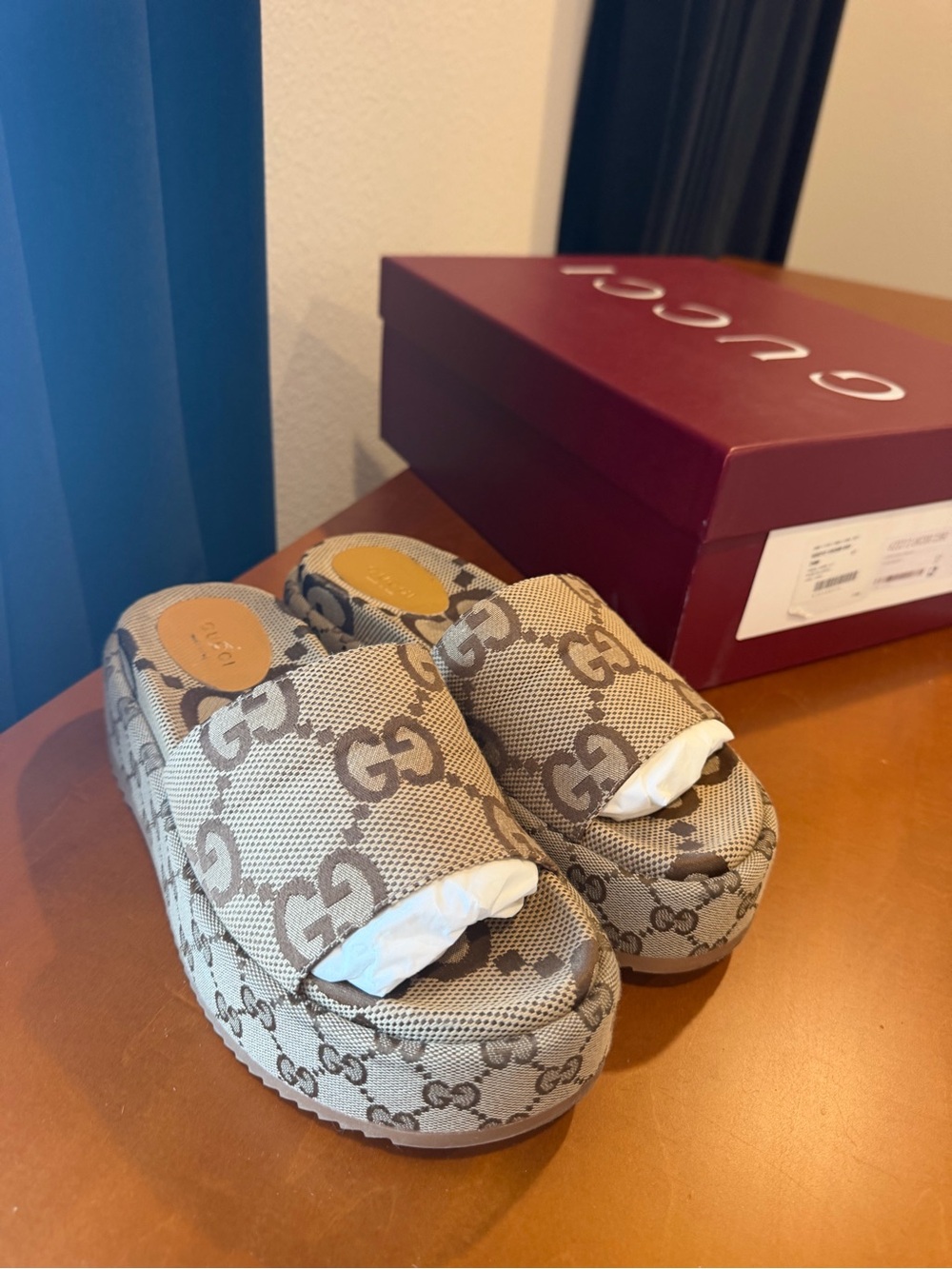 Gucci Tan GG Canvas Platform Slide Sandals - Picture 6 of 10